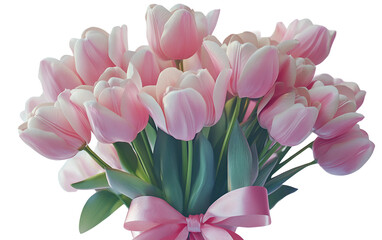 Fototapeta premium Elegant bouquet of pink and white tulips tied with soft ribbon for romantic occasions isolated on transparent background PNG