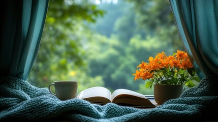 Open Book, Coffee Cup, Flowers, and Blanket on Window Sill