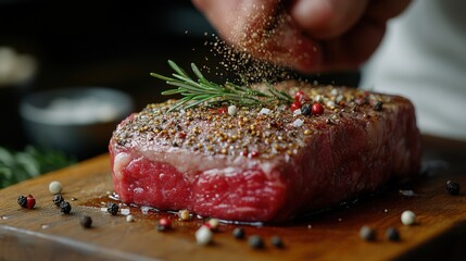 Raw Steak Being Seasoned with Spices and Rosemary on Wooden Board