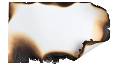 Burnt Paper with a Charred Edge: A partially burned sheet of paper, its edges transformed by fire, offering a stark contrast between pristine blank space and the darkness of char.