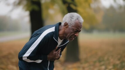 Senior african american man suffers from a sudden heart attack or chest pain while jogging in an autumn park, illustrating a medical emergency and cardiovascular health risks - Powered by Adobe