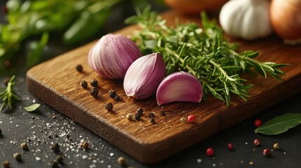Shallots, Rosemary, and Spices on Wooden Cutting Board