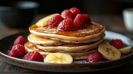 Stack of Pancakes with Raspberries and Bananas