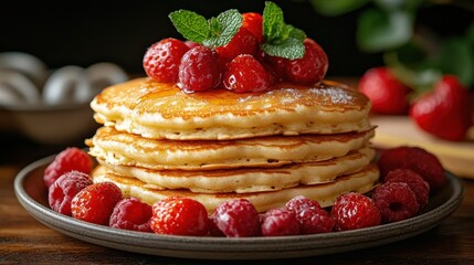 Stack of Pancakes with Berries and Mint