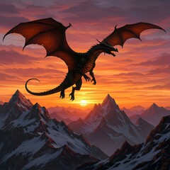 Dragon Flying Over Mountains  Fantasy Illustration