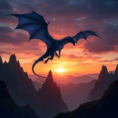Dragon Flying Over Mountains  Fantasy Illustration