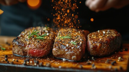 Three Seasoned Steaks on Wooden Board with Sprinkled Spices