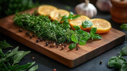 Wooden Cutting Board with Lemon, Herbs, and Garlic