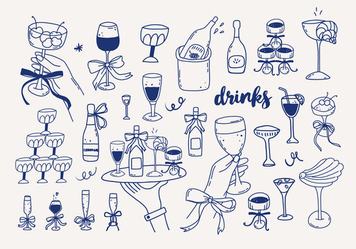 Whimsical doodle drink sketch hand drawn line art set. Whimsy party cocktails hands holding glasses with wine, bows. Coquette wedding italian martini, margarita vector illustration