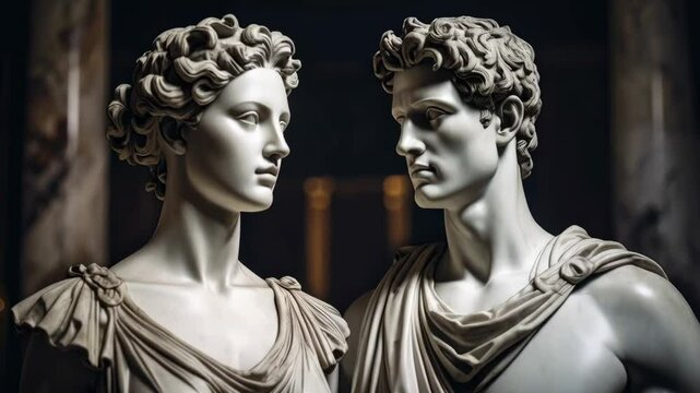 Elegant marble statues of a man and a woman gazing at each other in a dimly lit interior with columns and draped clothing