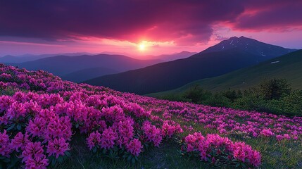 Fototapeta premium Breathtaking sunrise over the Carpathian Mountains with vibrant pink and purple sky illuminating blooming rhododendrons on alpine hillside