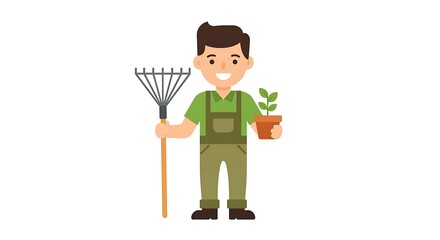 Happy Gardener with Plant and Rake Illustration