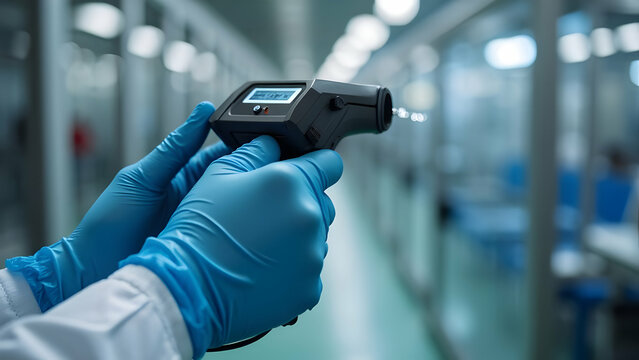 Gloved Hands Monitor Air Quality with Particle Counter