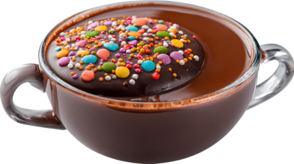 A mug filled with a rich chocolate-like liquid topped with a large round chocolate