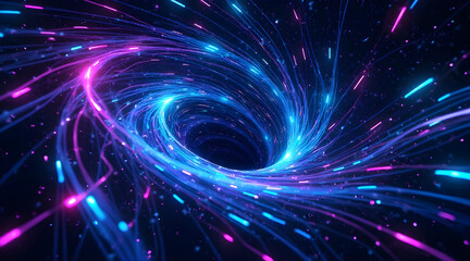 Obraz premium Abstract swirling vortex of vibrant blue and pink neon light streaks against a dark cosmic background