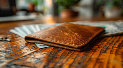 Rustic brown leather wallet on wooden table with money.