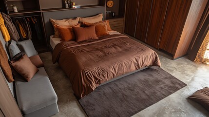 Plush brown room with symmetrical bed, cozy linens and pillows, mid-century carpet over marble concrete floor, built-in wardrobe, and low-profile grey modern couch