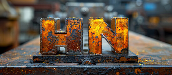 Rusted metal letters HN on a workbench.