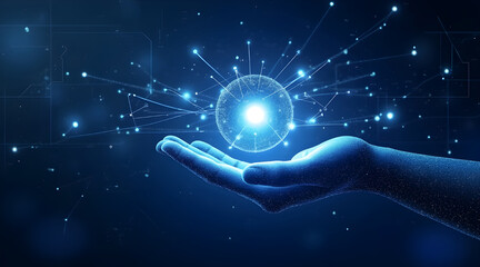 Human hand cradles a glowing sphere of interconnected nodes representing global data networks and digital transformation