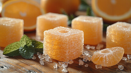 Orange flavored fruit jellies, small cubes, with fresh mint leaves on rustic wooden surface.