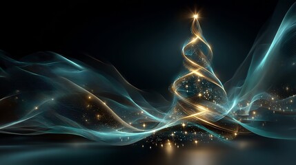 Abstract Christmas tree made of glowing lines and sparkling lights against a dark background