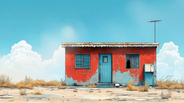 Weathered Rustic House with Peeling Orange Walls and Turquoise Door in Desert Landscape with Dust Devils