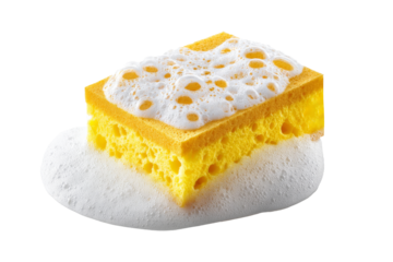Yellow sponge dishwashing isolated on transparent background.