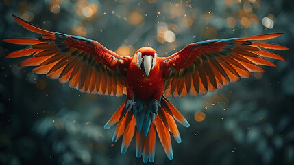 Scarlet Macaw Soaring Through Lush Forest.