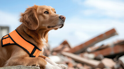 Rescue dog searching earthquake rubble for survivors A trained rescue dog wearing an orange vest searches rubble after an earthquake, symbolizing disaster response, survival, emergency rescue efforts