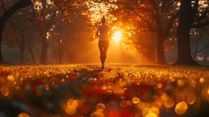 Runner in a sunlit autumn forest path.
