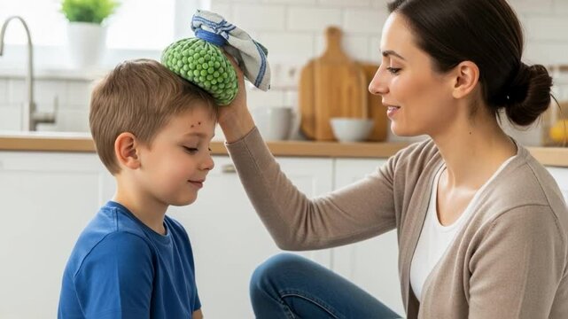 Caring mother applies a cold compress to her young son's forehead to soothe a fever from chickenpox, representing attentive parental love, home healthcare, and childhood illness
