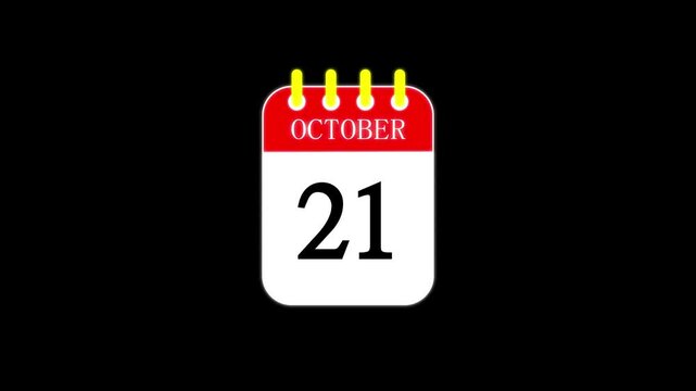 21 October Calendar Turning Page Animation Against BLACK Background in 4K Resolution. Date counting calendar .