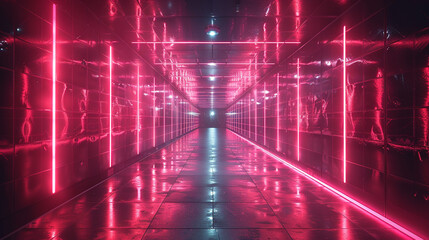 Neon tunnel, futuristic corridor, vibrant pink and blue light, reflective surfaces, dark interior, sleek design, architectural, glowing lines.