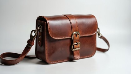 Vintage brown leather camera case with strap. Classic retro accessory in studio lighting. Details of hand-made product. Photo equipment design. Stylish compact item for photographers and hobbyists.