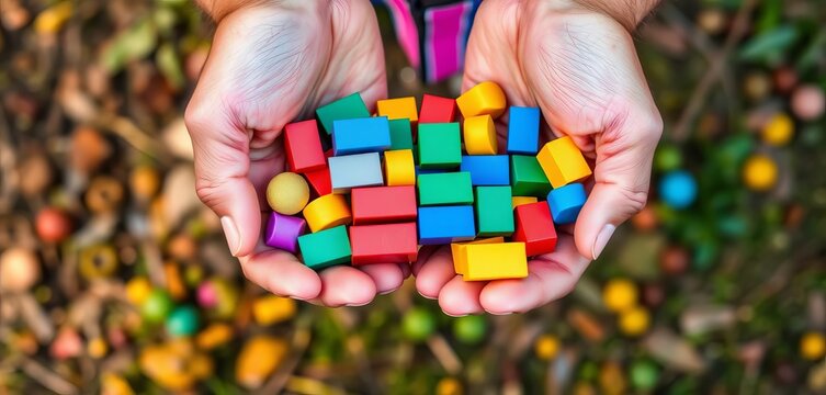 Hands holding colorful building blocks, nature background,  imagination,  education