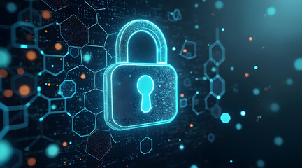 Futuristic digital security concept featuring a glowing neon padlock and abstract network connections