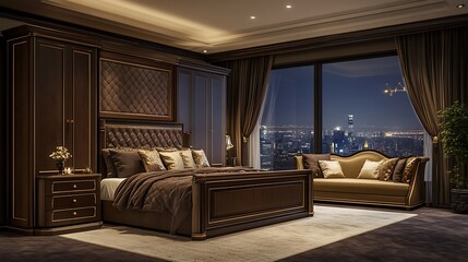 Premium brown bedroom with elegant materials, carpeted centerpiece, full-length wardrobe and structured sofa facing cityscape through large windows