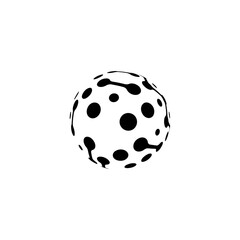 A black-and-white abstract 3D sphere icon featuring a pattern of interconnected nodes and curved lines. The design resembles digital circuits or blockchain links, symbolizing advanced technology, arti