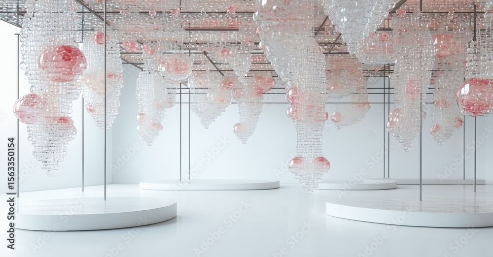 Poster Installation features suspended crystal formations. Pink hues blend with clear elements, creating ethereal space. Minimalist platforms support display.