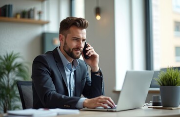 Handsome businessman in office working with laptop, talking on phone. Stylish man in suit uses smartphone, discusses project. Modern workplace, success, entrepreneur, manager, corporate finance