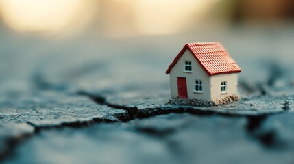 Miniature red roofed house positioned beside ground fracture, illustrating structural vulnerability and devastating effects of seismic activity on residential landscapes