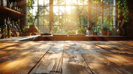 Rustic wooden table in sunlit room with large windows overlooking garden. Sunlight streams through windows, highlighting wooden planks and details.