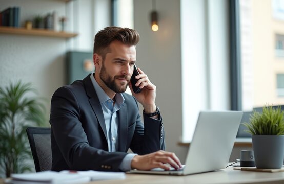 Handsome businessman in office working with laptop, talking on phone. Stylish man in suit uses smartphone, discusses project. Modern workplace, success, entrepreneur, manager, corporate finance