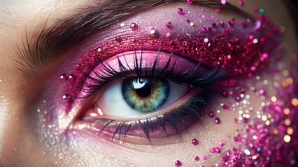 Close Up of Woman's Eye with Pink Glitter Makeup and Soft Lighting
