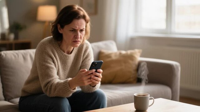 Confused middle-aged woman sits on a sofa looking at her smartphone with a frustrated expression, reacting to bad news or an online scam, illustrating digital communication problems