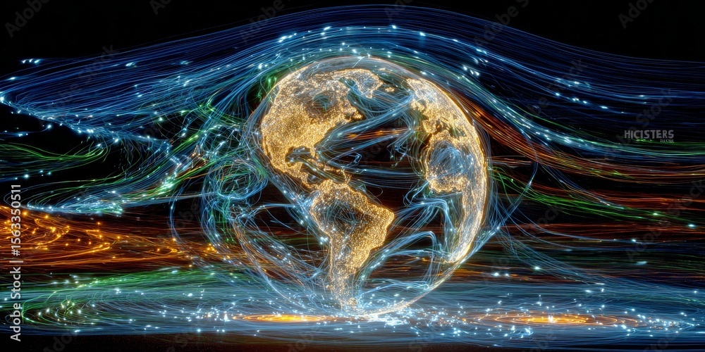 Poster digital earth connection visualizing data flow in the futuristic globe network connectivity system