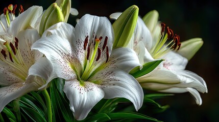White lilies funeral flower arrangement, elegant sympathy bouquet for memorial service or loss tribute background