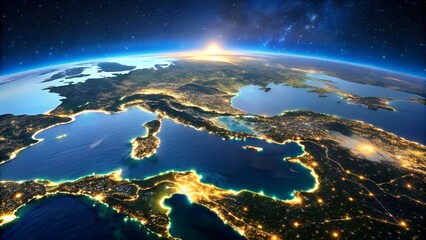 Fototapeta premium A breathtaking view of earth from space at sunrise, showcasing city lights and continental coastlines
