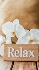 Wooden sign with relax in white letters rests against a backdrop of elegant white orchids, symbolizing stress relief and serenity. Ideal for themes of calm, therapy, and time management