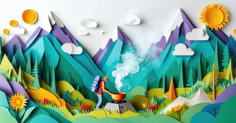 Obraz premium Papercraft landscape depicts hiker cooking outdoors. Mountains, trees, suns create whimsical scene. Bright colors, layered design.